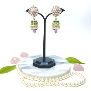 elegant kundan jhumka earrings with green meenakari & lavender beads