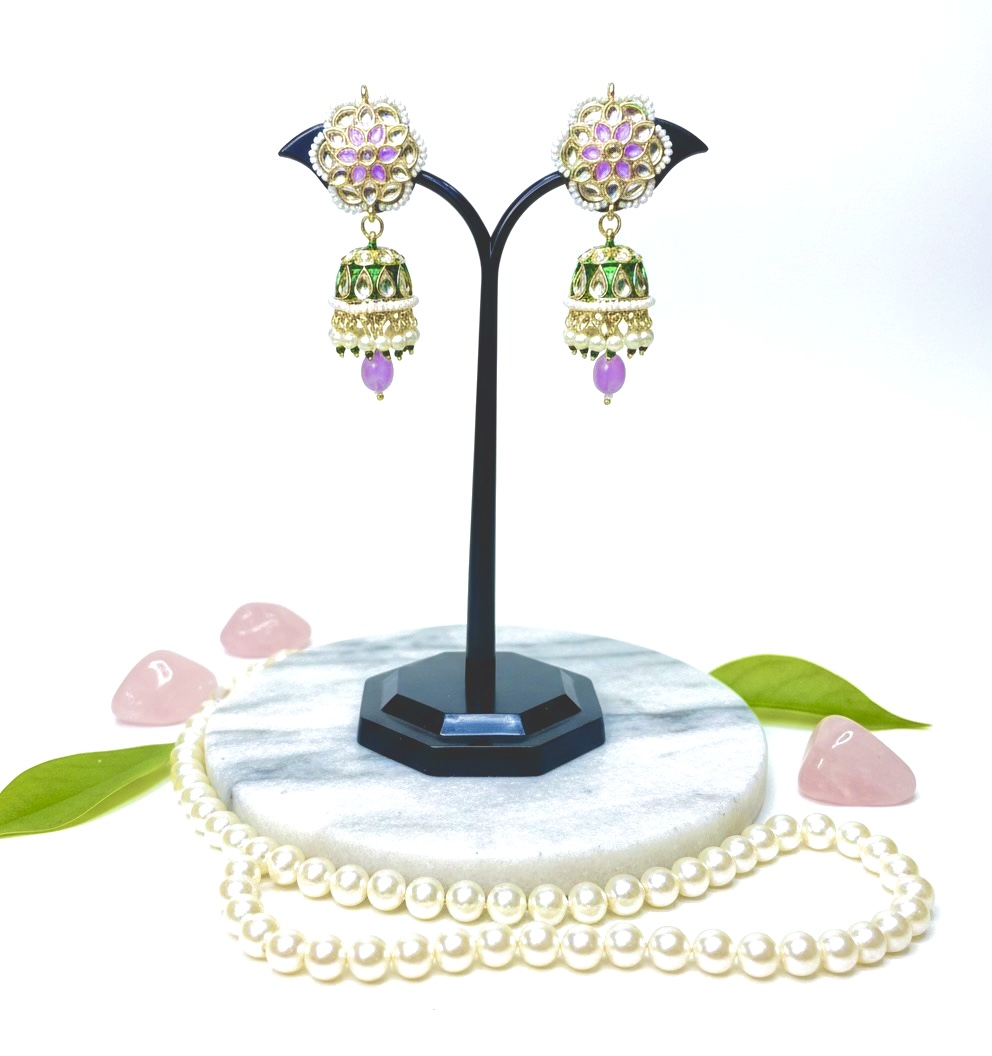 elegant kundan jhumka earrings with green meenakari & lavender beads elegant kundan jhumka earrings with green meenakari & lavender beads