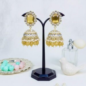 Silver Hub regal mustard gold kundan jhumka earrings with pearl detailing