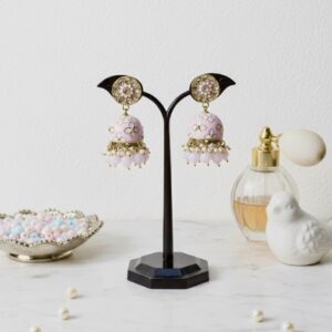 Silver Hub pink blossom enamel pearl jhumka earrings
