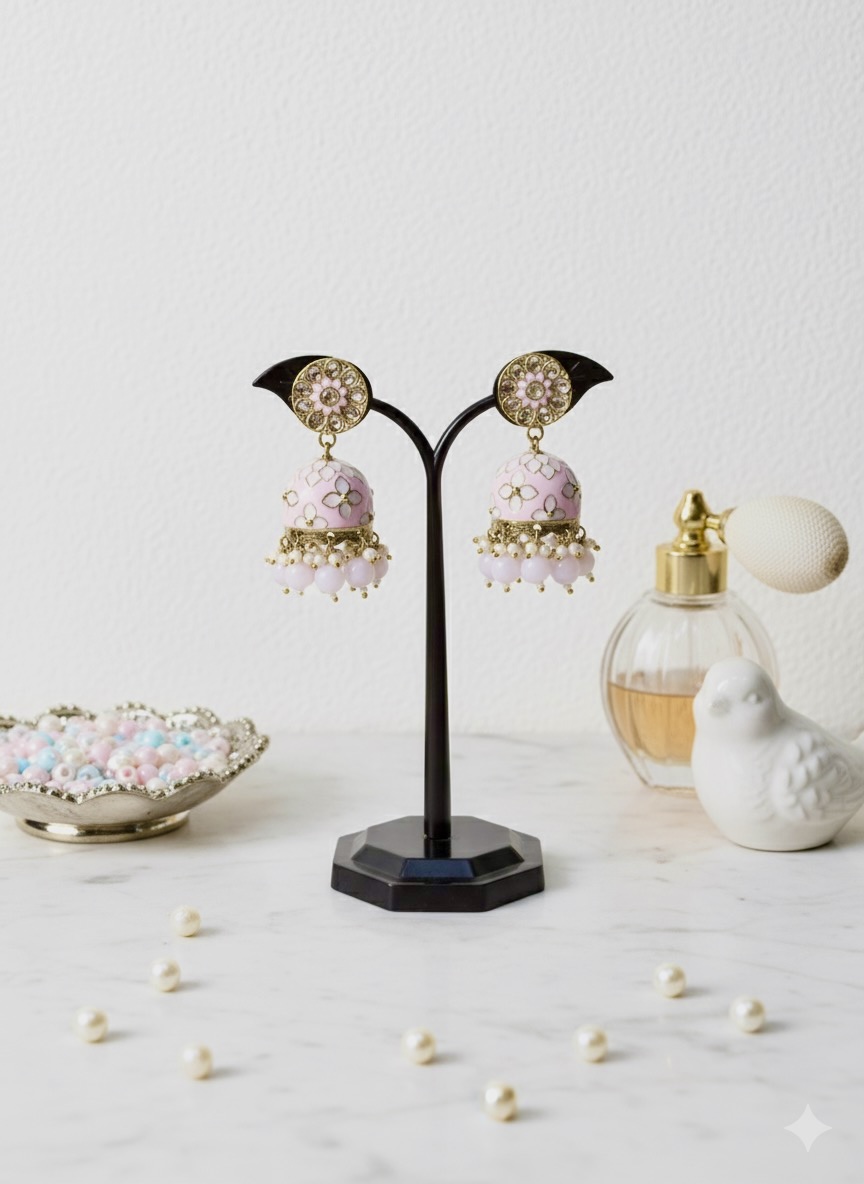 pink blossom enamel pearl jhumka earrings pink blossom enamel pearl jhumka earrings