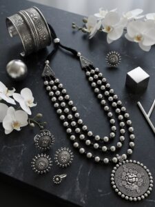 heritage charm oxidized silver layered beaded jewelry set