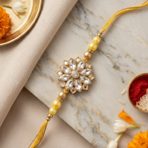 floral kundan & pearl yellow silk rakhi
