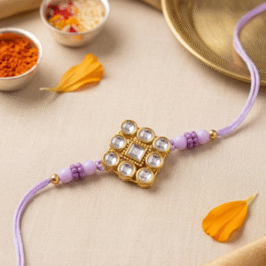 square kundan & lavender silk rakhi