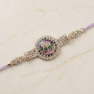 divine shrinathji lotus enamel & crystal lavender rakhi