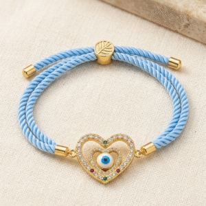 double heart evil eye sky blue cord bracelet rakhi