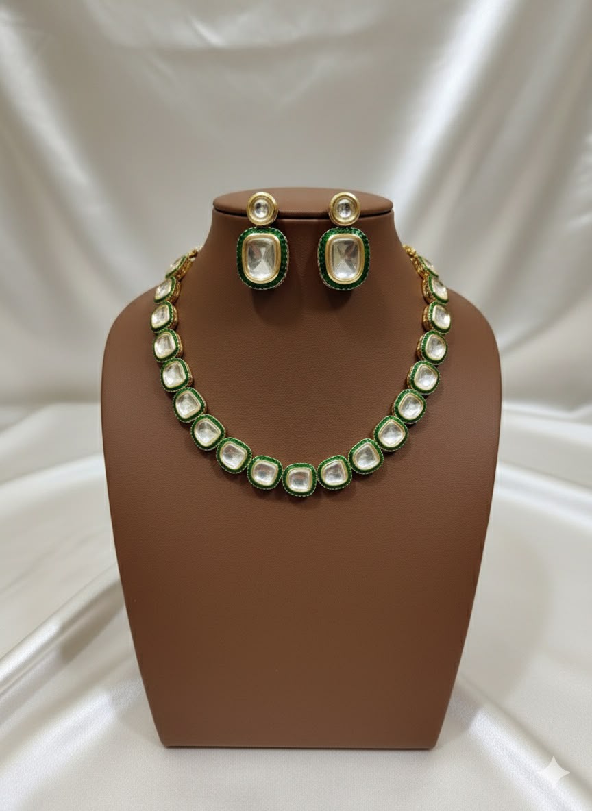 emerald green polki necklace & earrings set – elegant kundan inspired jewellery emerald green polki necklace & earrings set – elegant kundan inspired jewellery